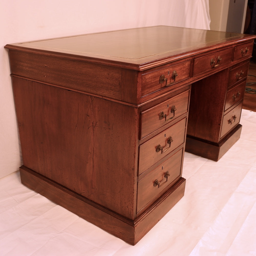 AF5-019: Restored Antique Mid 19th Century English Georgian Style  Mahogany Pedestal Desk W/ Leather Inset Top