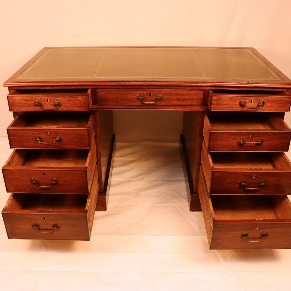 AF5-019: Restored Antique Mid 19th Century English Georgian Style  Mahogany Pedestal Desk W/ Leather Inset Top