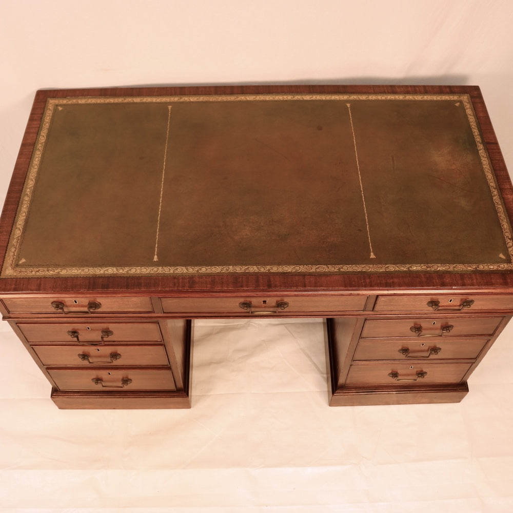 AF5-019: Restored Antique Mid 19th Century English Georgian Style  Mahogany Pedestal Desk W/ Leather Inset Top