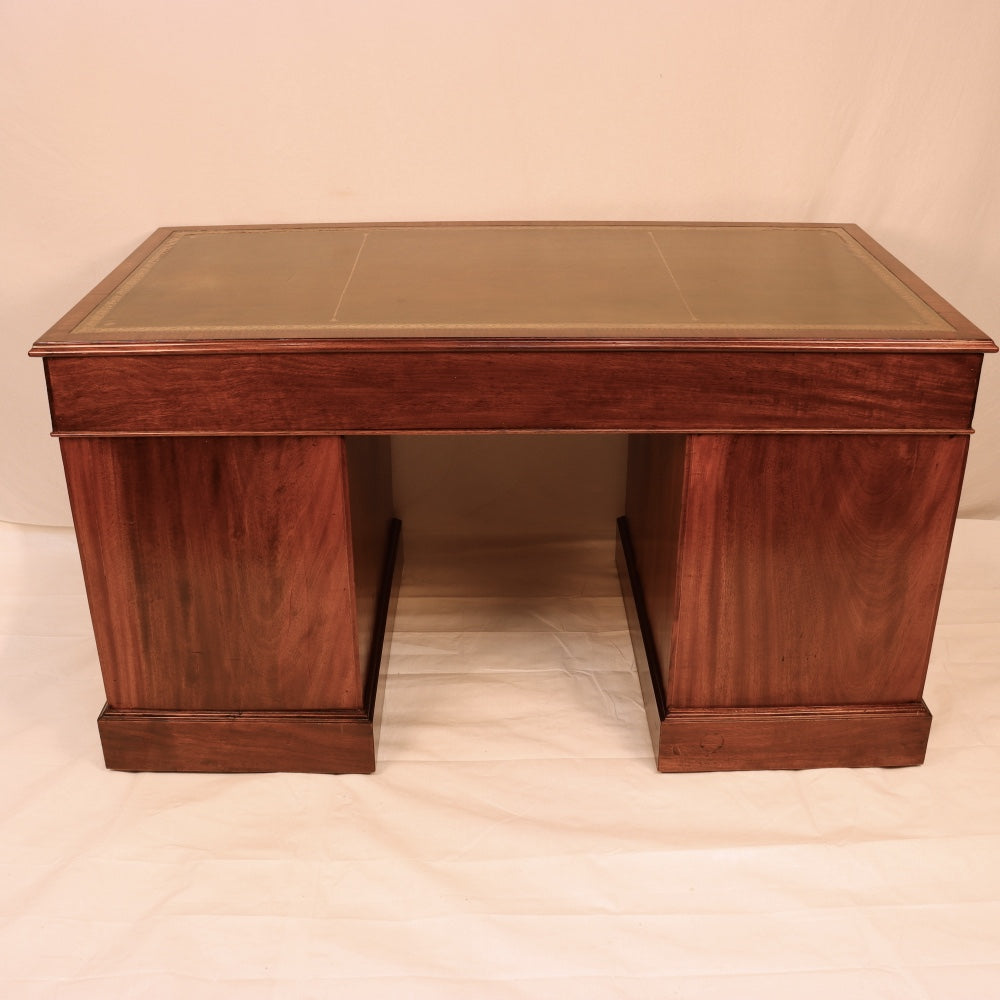 AF5-019: Restored Antique Mid 19th Century English Georgian Style  Mahogany Pedestal Desk W/ Leather Inset Top