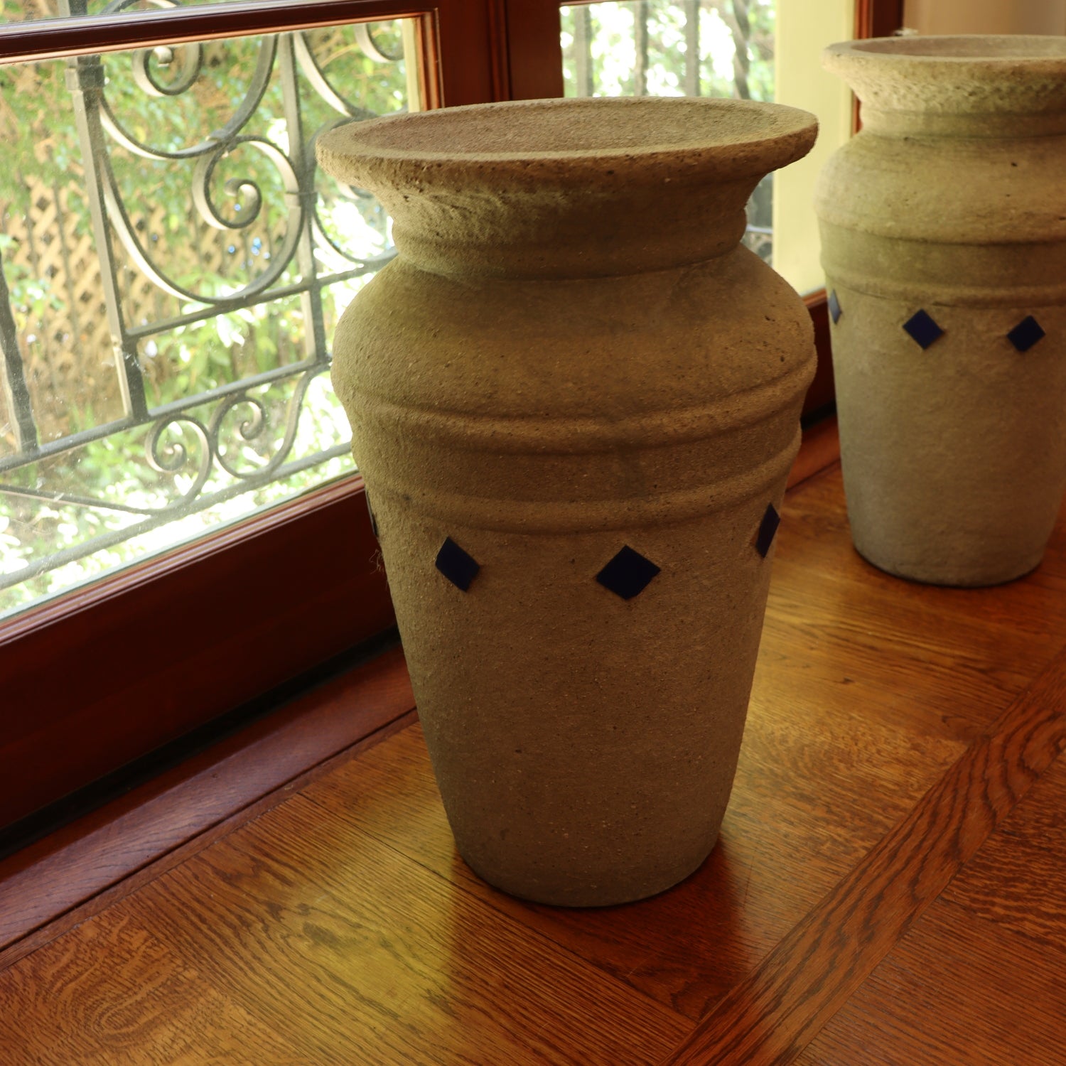 DA5-011: Antique Hillside Pottery - Pair of Circa 1920's Concrete Pots With Blue Tiles