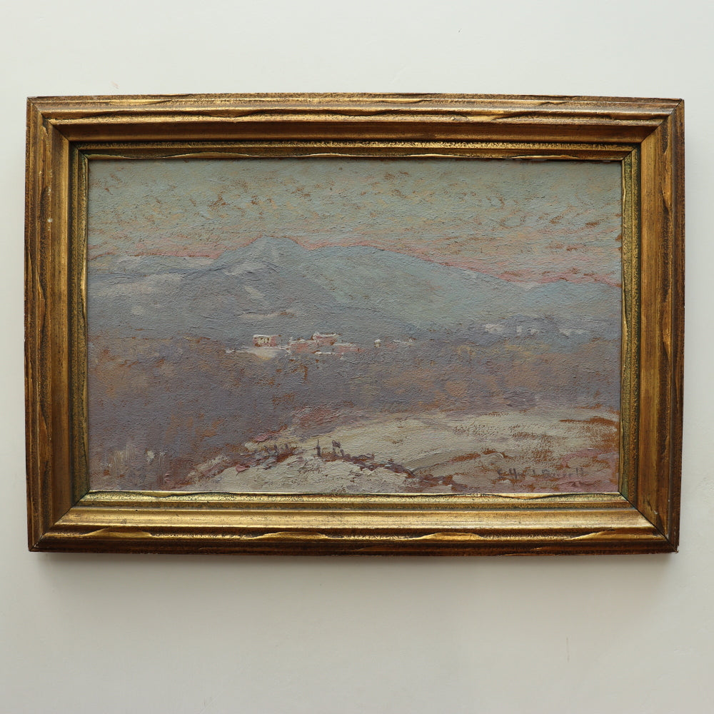 AW085: Elizabeth Hunt Barrett American Impressionist Oil on Board Painting "Snowy Mountains"