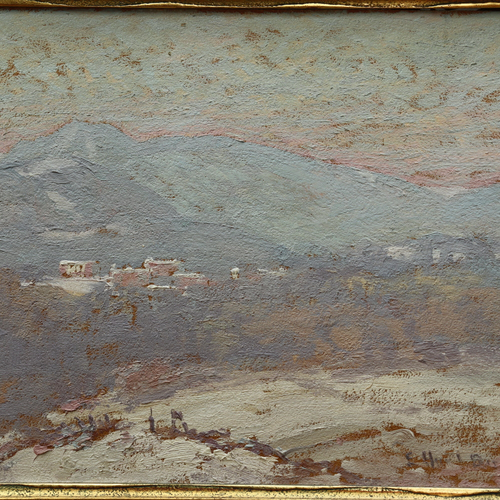 AW085: Elizabeth Hunt Barrett American Impressionist Oil on Board Painting "Snowy Mountains"