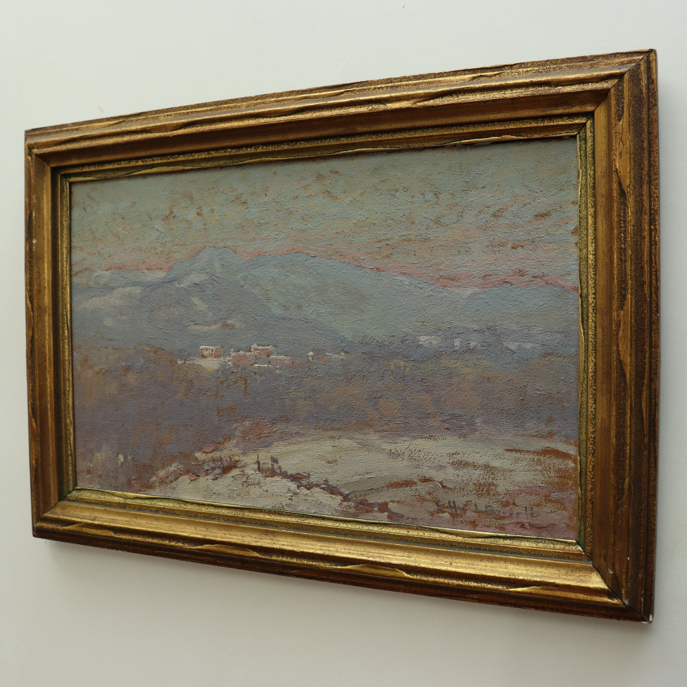 AW085: Elizabeth Hunt Barrett American Impressionist Oil on Board Painting "Snowy Mountains"