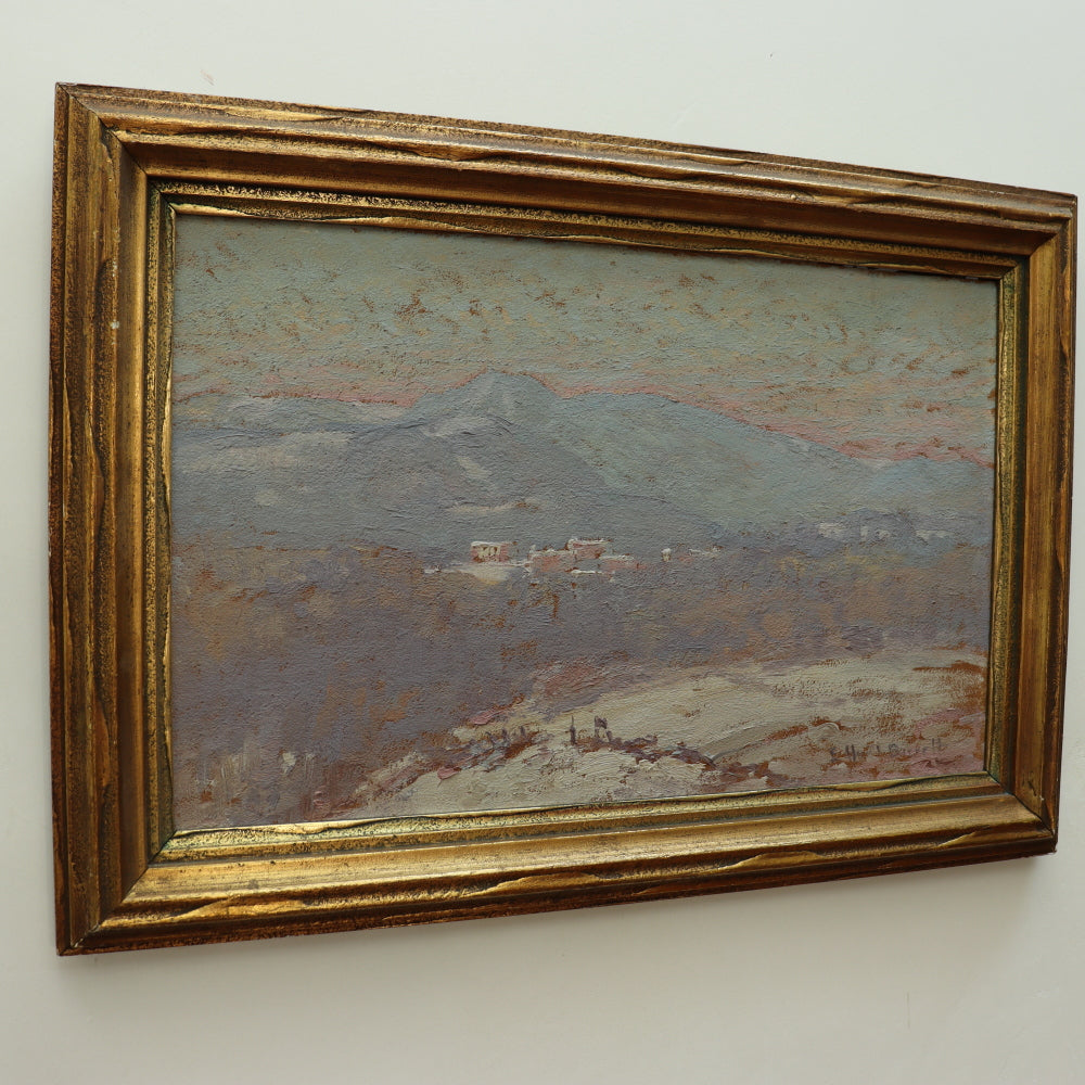 AW085: Elizabeth Hunt Barrett American Impressionist Oil on Board Painting "Snowy Mountains"