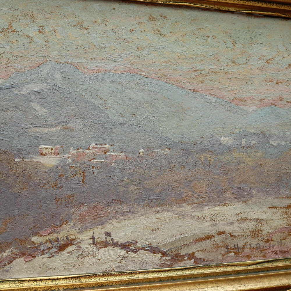 AW085: Elizabeth Hunt Barrett American Impressionist Oil on Board Painting "Snowy Mountains"