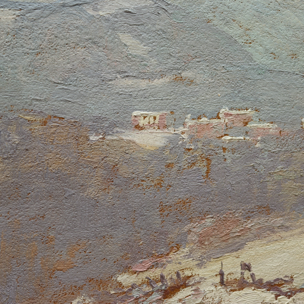 AW085: Elizabeth Hunt Barrett American Impressionist Oil on Board Painting "Snowy Mountains"