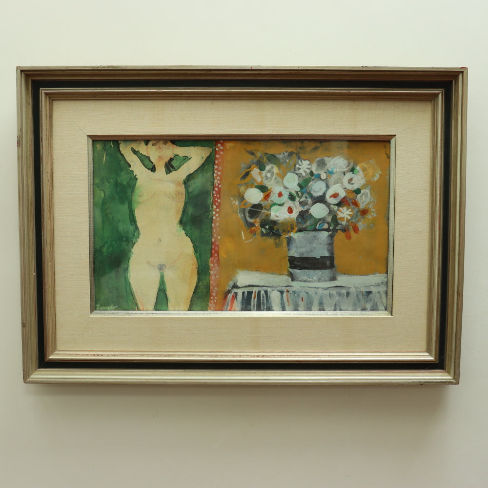 AW4-020: Albert Zavaro - Original Gouche Abstract Nude With Flowers - Mid 20th Century