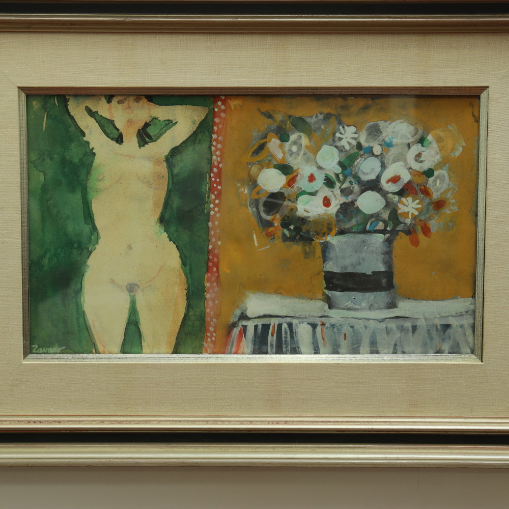 AW4-020: Albert Zavaro - Original Gouche Abstract Nude With Flowers - Mid 20th Century
