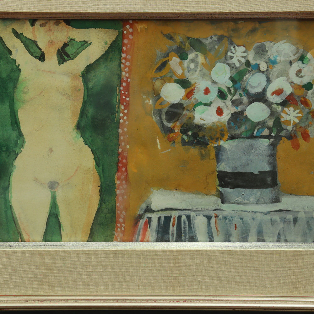 AW4-020: Albert Zavaro - Original Gouche Abstract Nude With Flowers - Mid 20th Century
