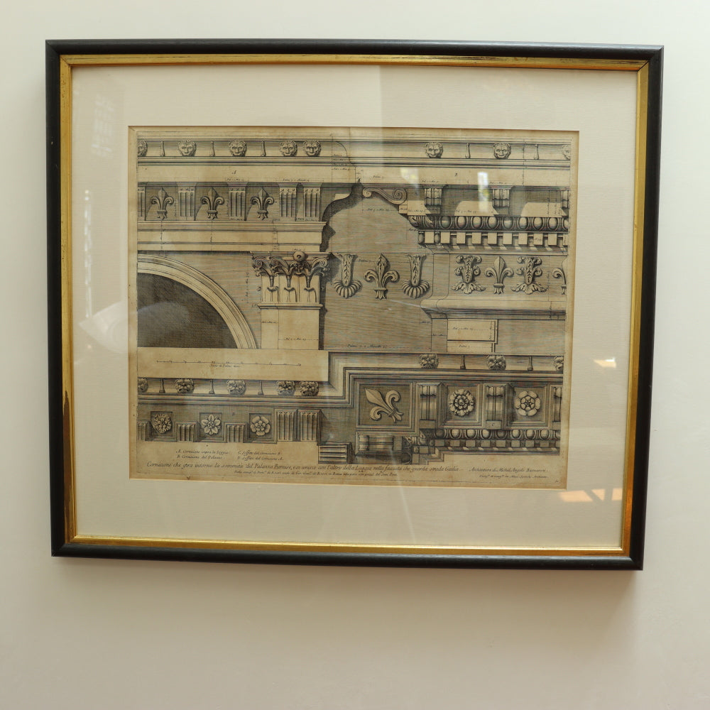 AW7-033: Circa 1690 Etching of Michelangelo Designed Architectural Cornice Details of the Del Palazzo Farnese, Rome By Alessandro Specchi