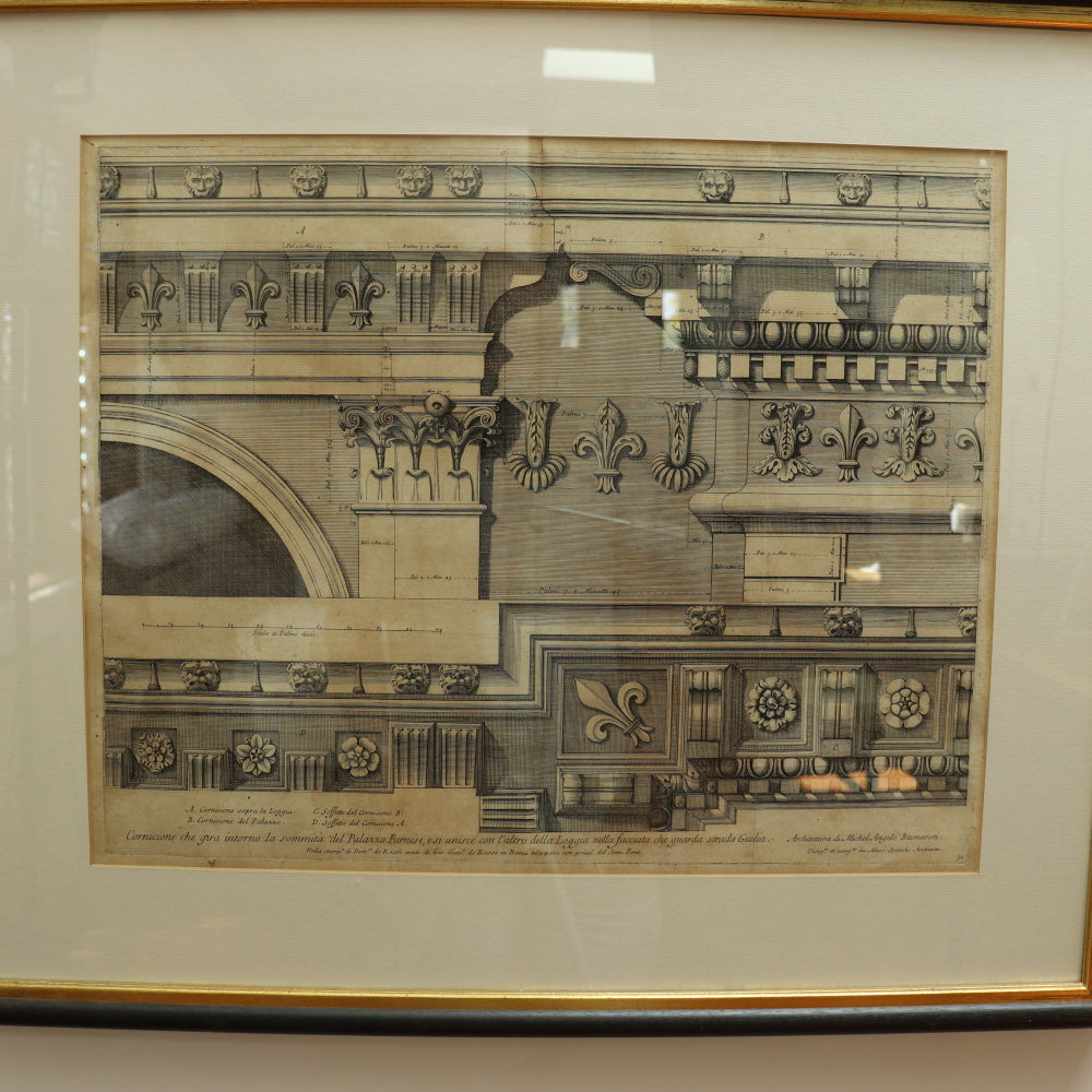 AW7-033: Circa 1690 Etching of Michelangelo Designed Architectural Cornice Details of the Del Palazzo Farnese, Rome By Alessandro Specchi