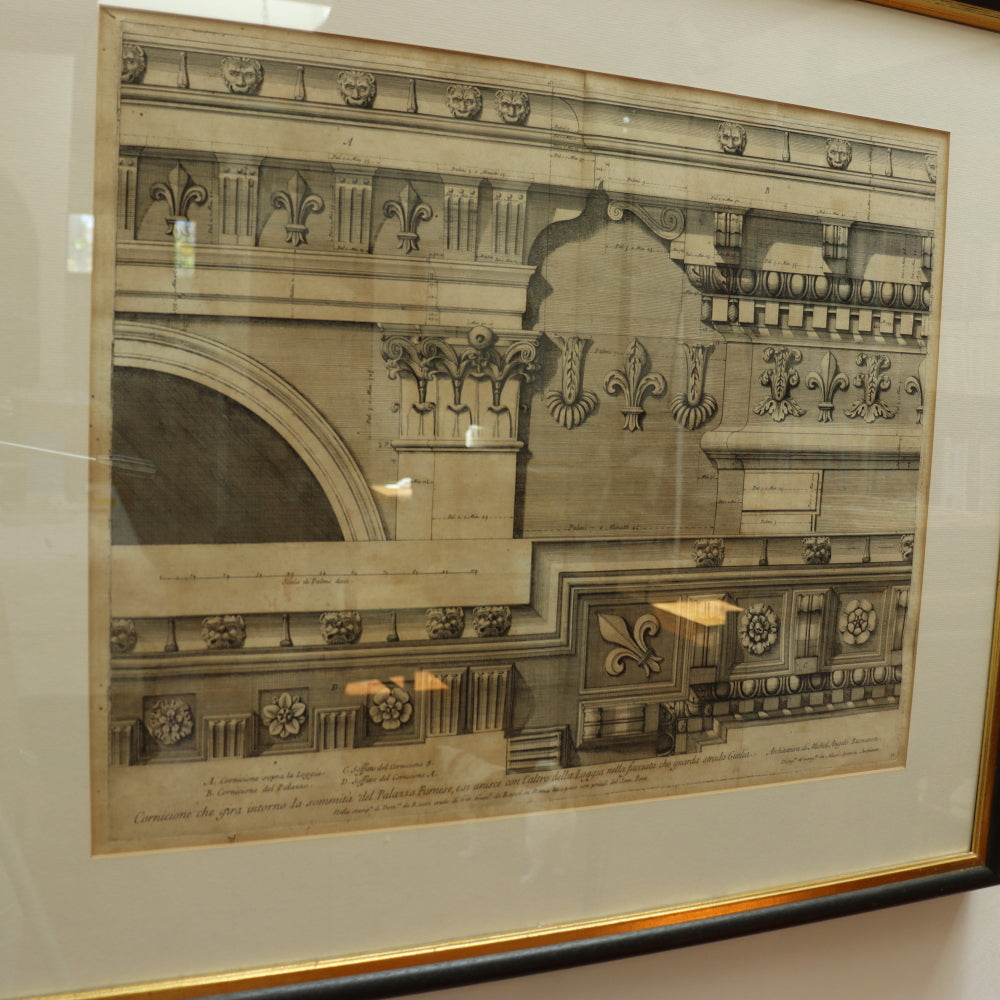 AW7-033: Circa 1690 Etching of Michelangelo Designed Architectural Cornice Details of the Del Palazzo Farnese, Rome By Alessandro Specchi