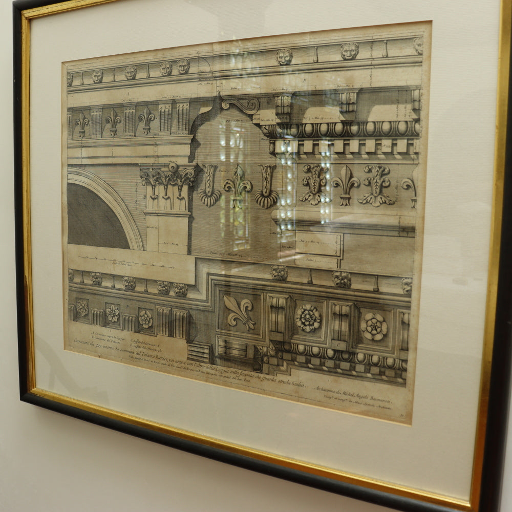 AW7-033: Circa 1690 Etching of Michelangelo Designed Architectural Cornice Details of the Del Palazzo Farnese, Rome By Alessandro Specchi