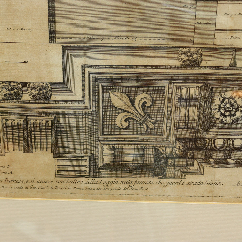 AW7-033: Circa 1690 Etching of Michelangelo Designed Architectural Cornice Details of the Del Palazzo Farnese, Rome By Alessandro Specchi