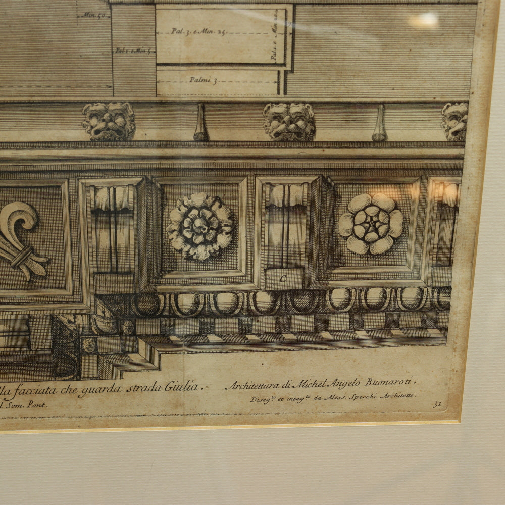AW7-033: Circa 1690 Etching of Michelangelo Designed Architectural Cornice Details of the Del Palazzo Farnese, Rome By Alessandro Specchi