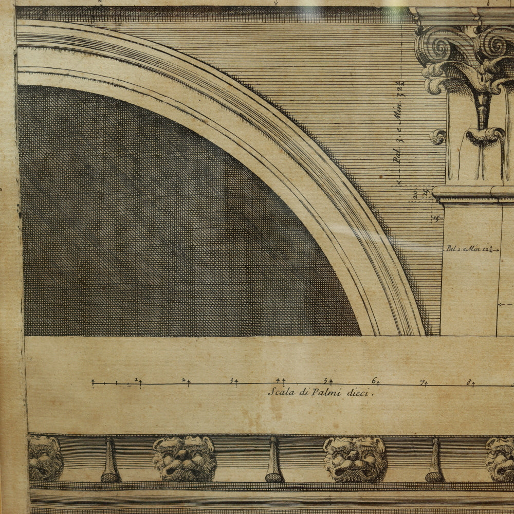 AW7-033: Circa 1690 Etching of Michelangelo Designed Architectural Cornice Details of the Del Palazzo Farnese, Rome By Alessandro Specchi