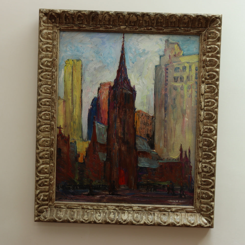 AW616: Mary Andrade St. Marks Church Philadelphia Oil on Board Painting Mid 20th Century