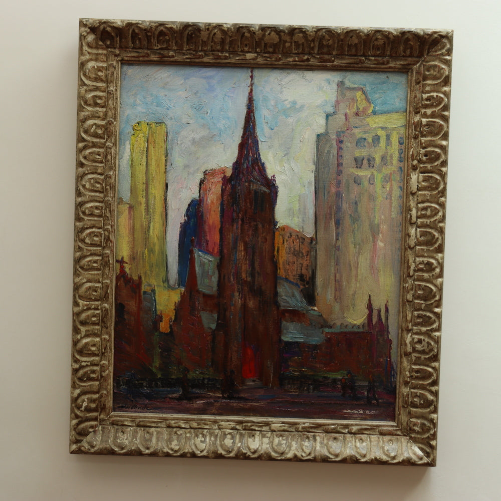 AW616: Mary Andrade St. Marks Church Philadelphia Oil on Board Painting Mid 20th Century
