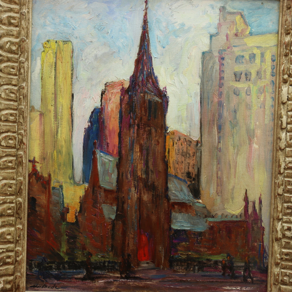 AW616: Mary Andrade St. Marks Church Philadelphia Oil on Board Painting Mid 20th Century