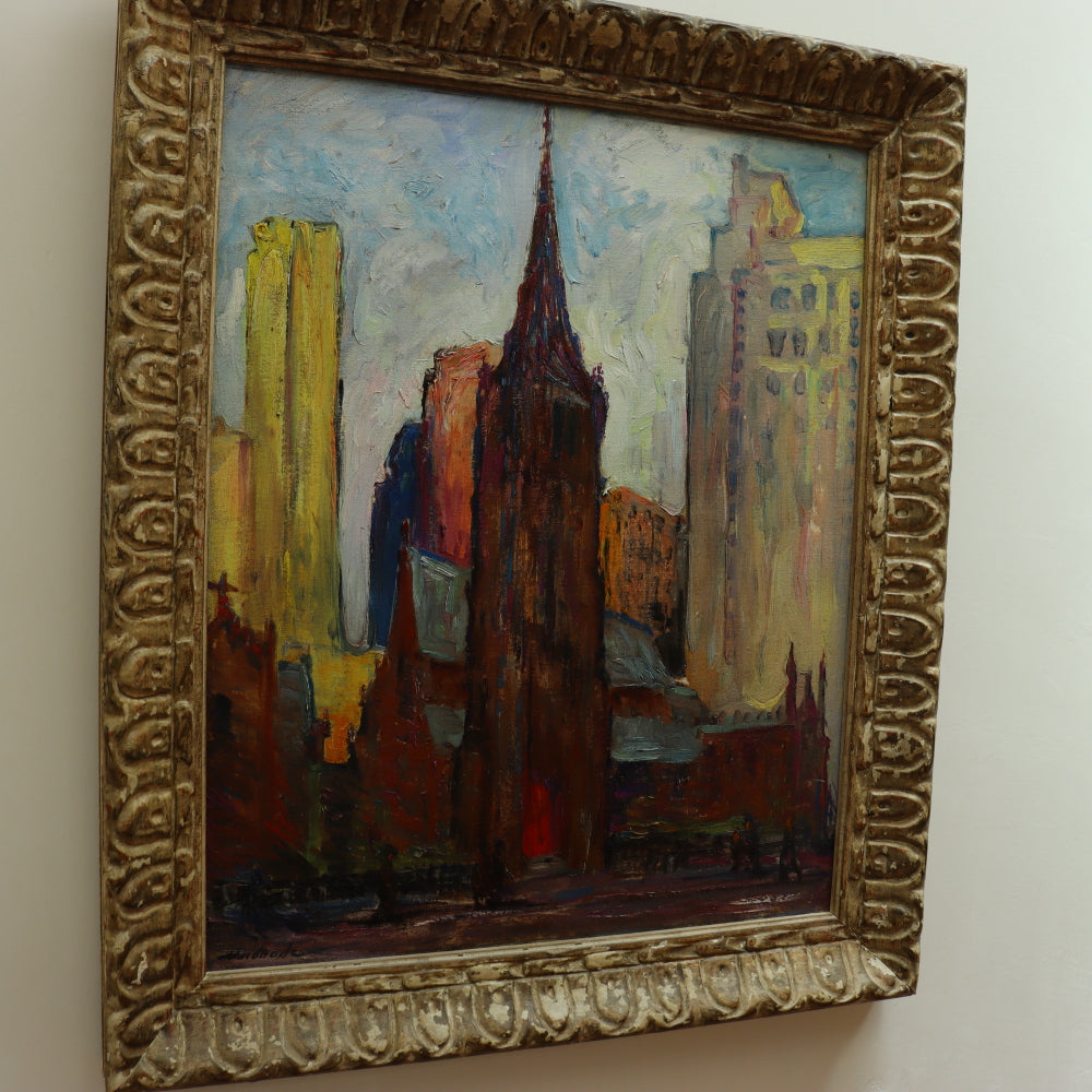 AW616: Mary Andrade St. Marks Church Philadelphia Oil on Board Painting Mid 20th Century