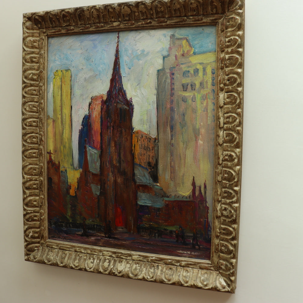 AW616: Mary Andrade St. Marks Church Philadelphia Oil on Board Painting Mid 20th Century