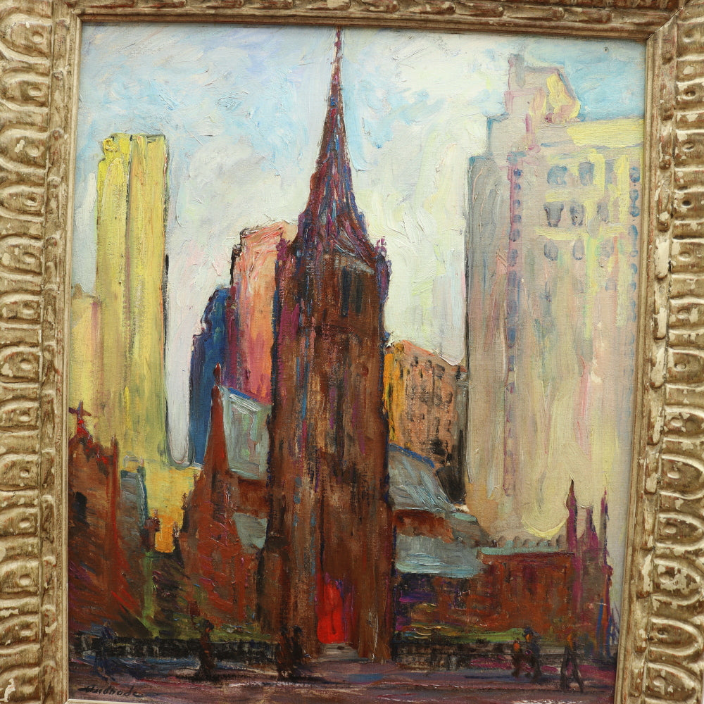 AW616: Mary Andrade St. Marks Church Philadelphia Oil on Board Painting Mid 20th Century