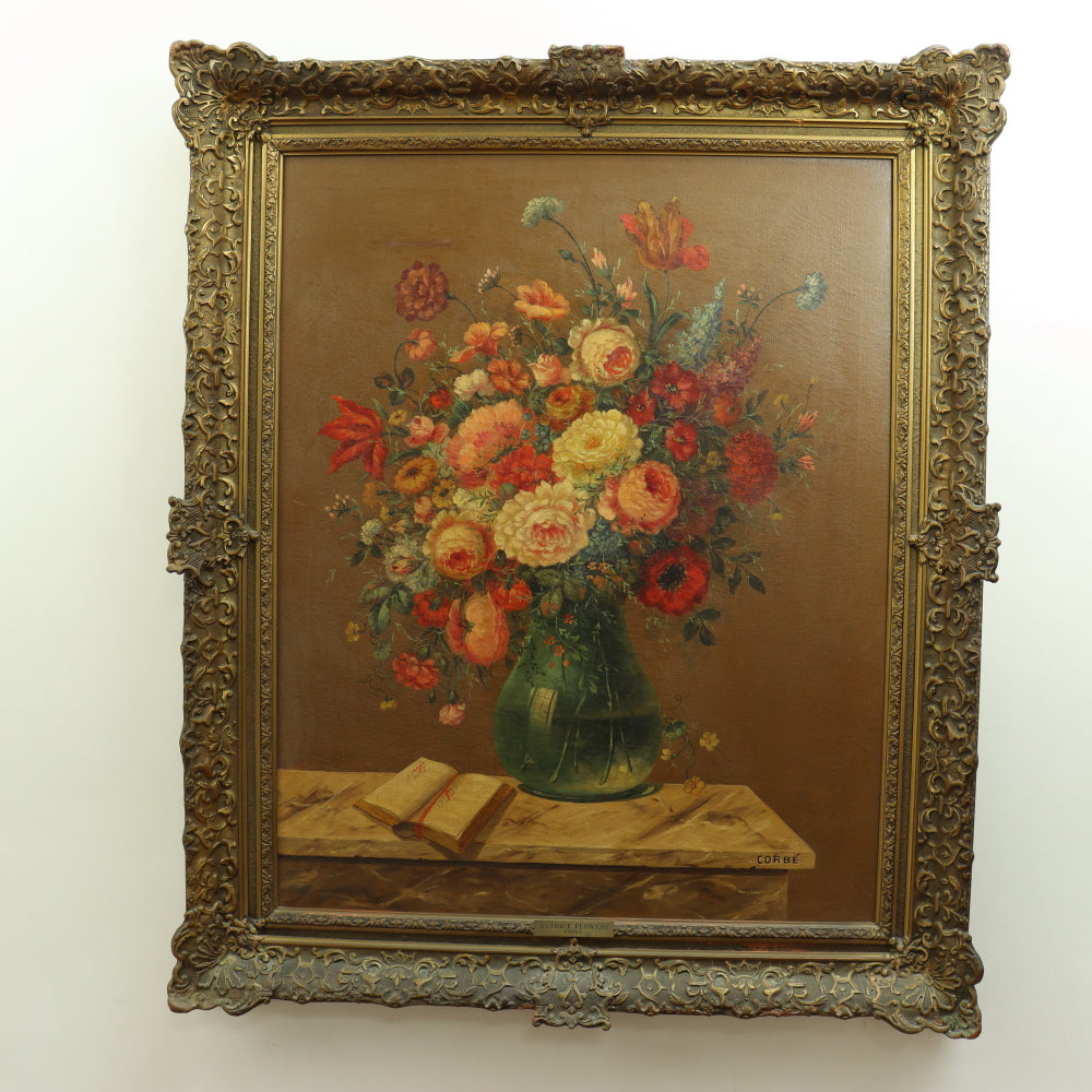 AW648: 19th C Floral Still Life Signed CORBE Oil on Canvas