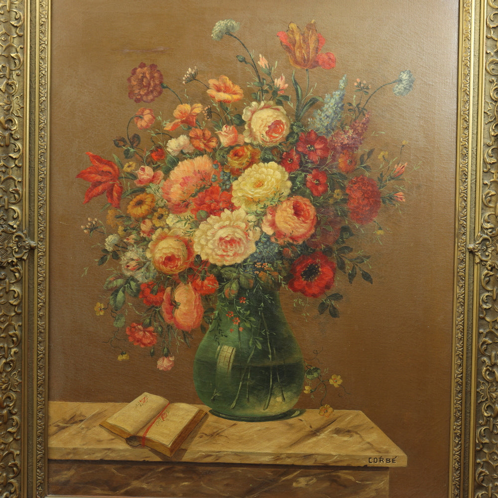 AW648: 19th C Floral Still Life Signed CORBE Oil on Canvas