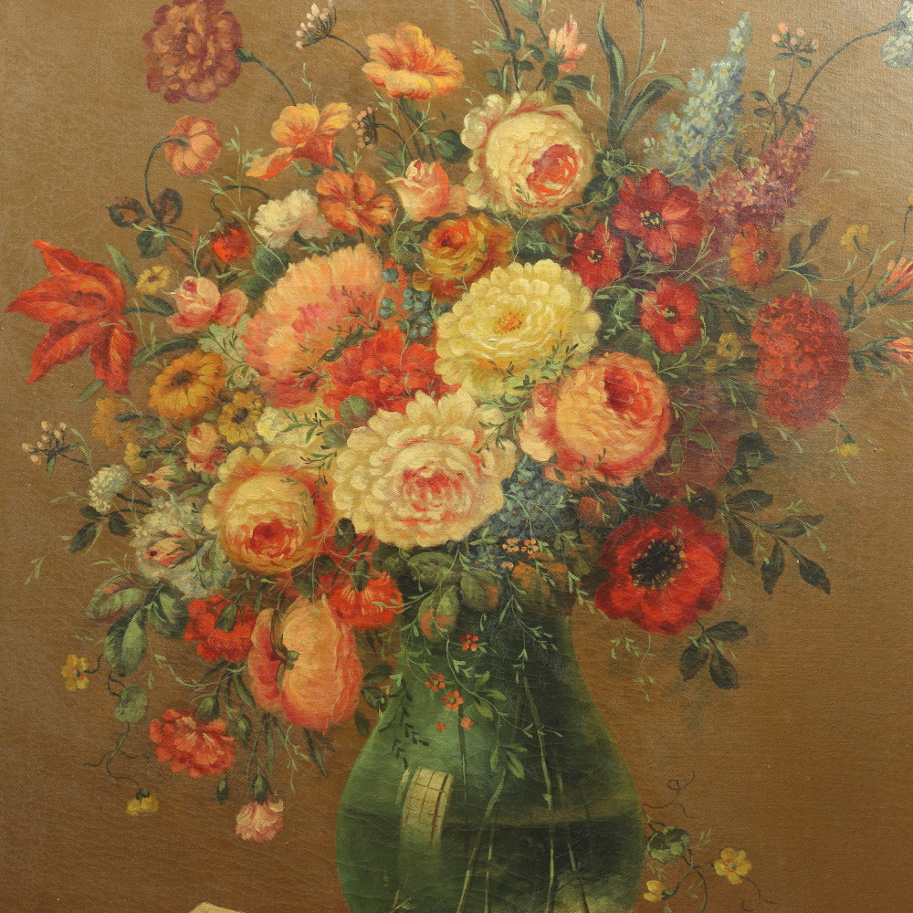 AW648: 19th C Floral Still Life Signed CORBE Oil on Canvas