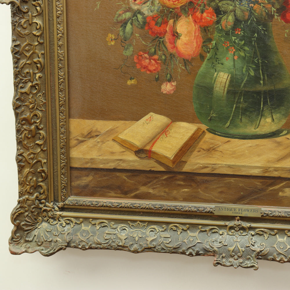 AW648: 19th C Floral Still Life Signed CORBE Oil on Canvas