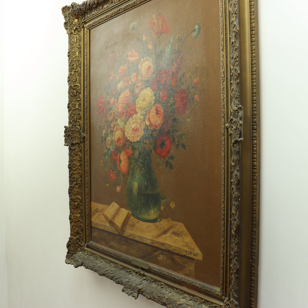 AW648: 19th C Floral Still Life Signed CORBE Oil on Canvas