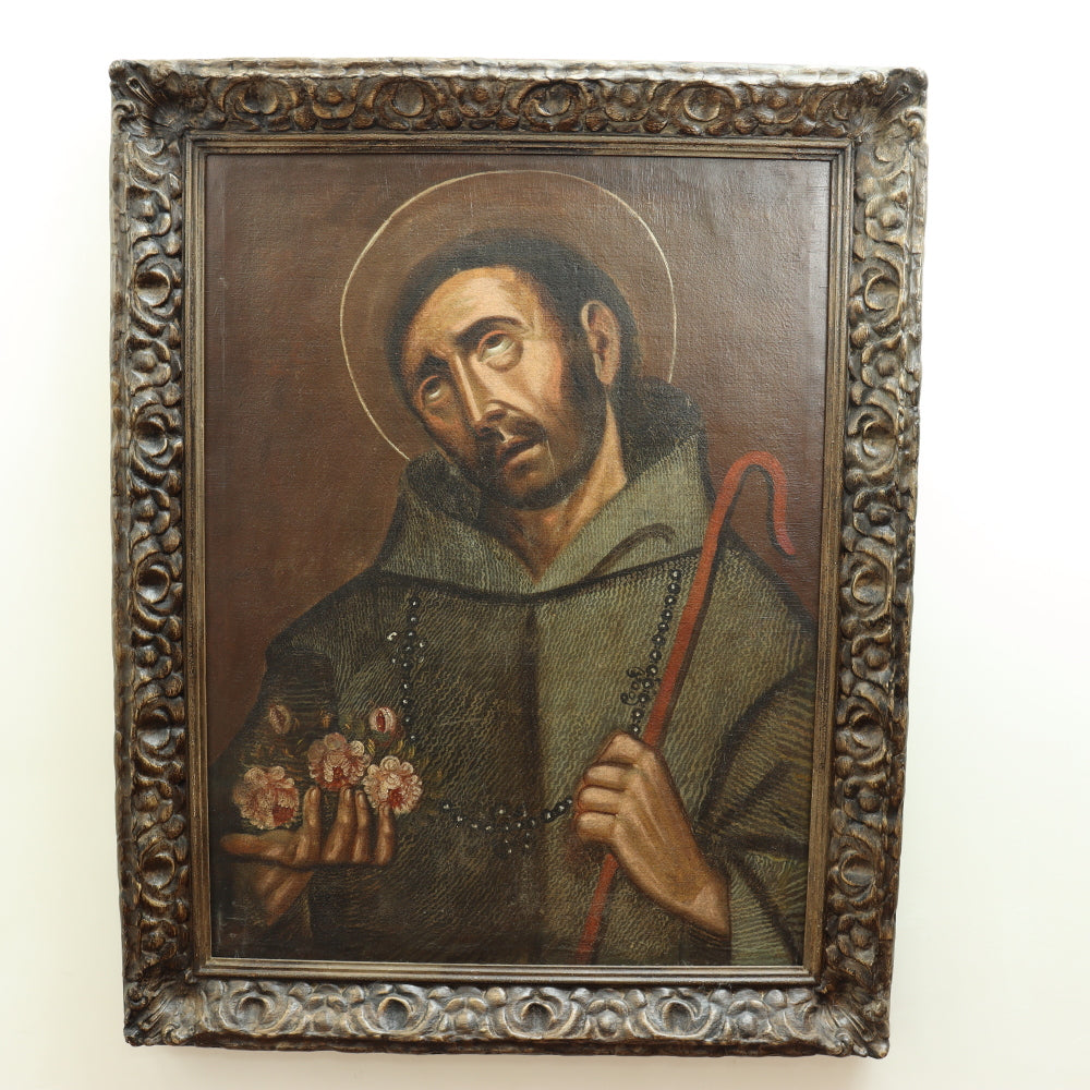 AW650: Mid 19th Century Spanish Colonial Oil on Canvas of Saint Francis of Assisi