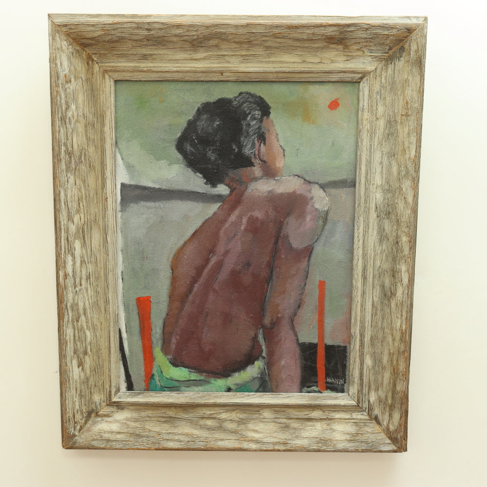 AW652: Mid Century Oil on Canvas Boy at Beach Signed Harmon