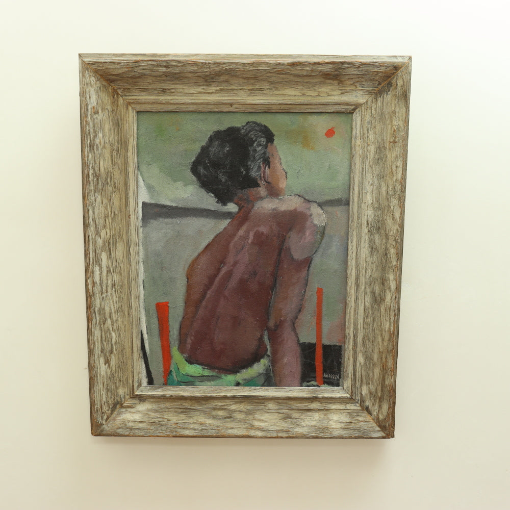 AW652: Mid Century Oil on Canvas Boy at Beach Signed Harmon