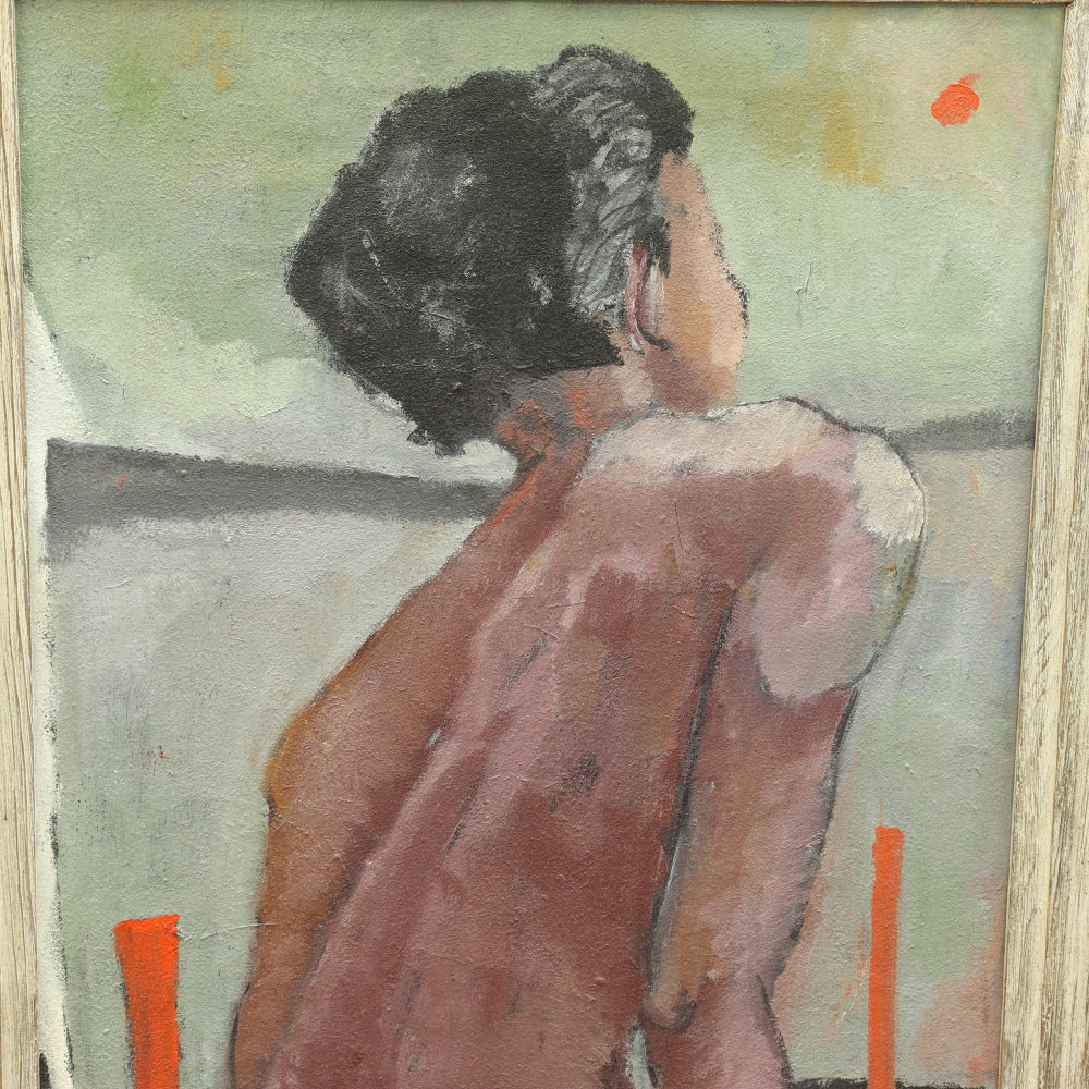 AW652: Mid Century Oil on Canvas Boy at Beach Signed Harmon