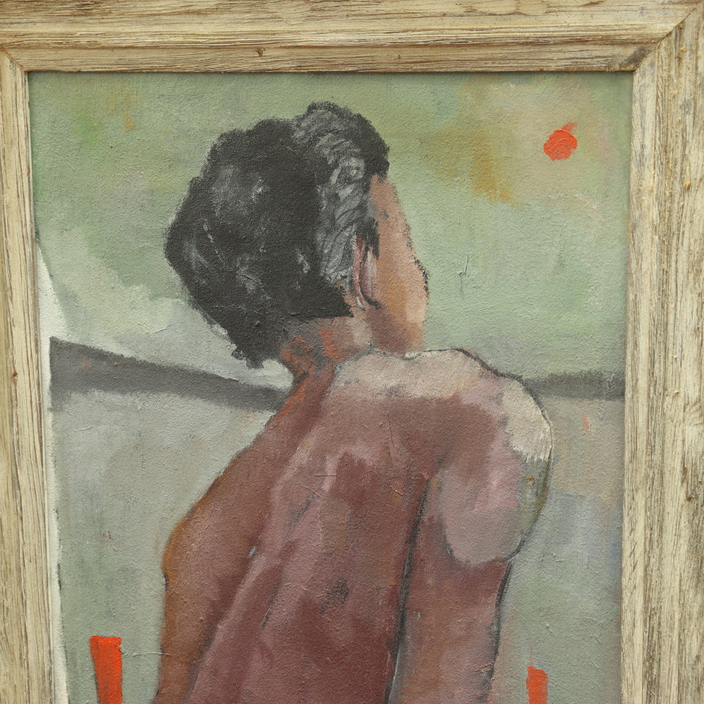 AW652: Mid Century Oil on Canvas Boy at Beach Signed Harmon