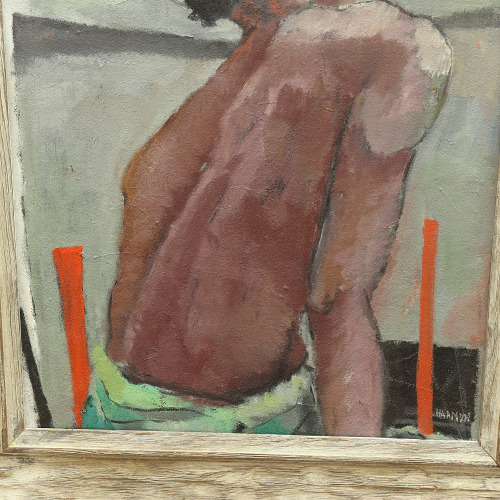 AW652: Mid Century Oil on Canvas Boy at Beach Signed Harmon