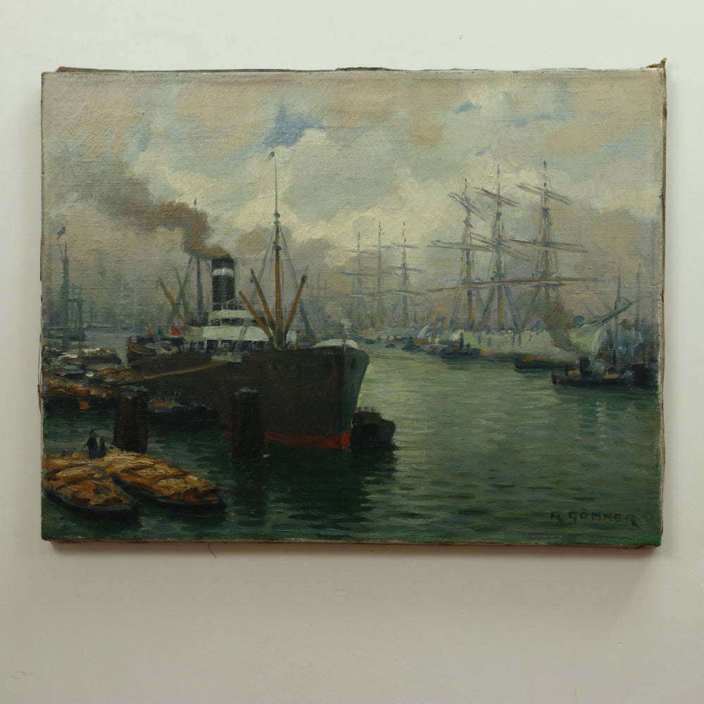 AW657: Rudolf Gonner Late 19th C Oil on Canvas Painting of German Harbor