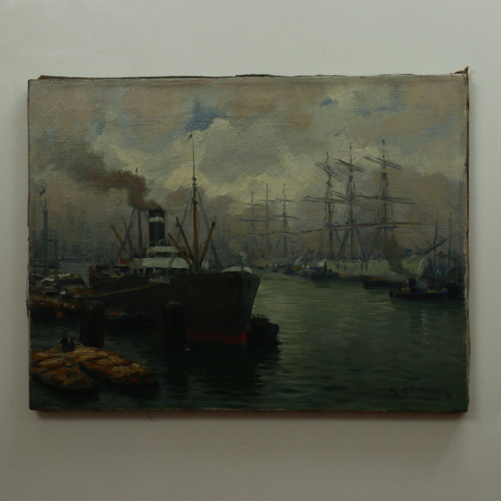 AW657: Rudolf Gonner Late 19th C Oil on Canvas Painting of German Harbor