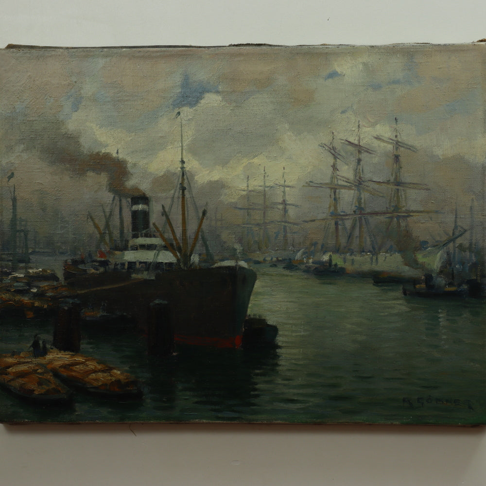 AW657: Rudolf Gonner Late 19th C Oil on Canvas Painting of German Harbor
