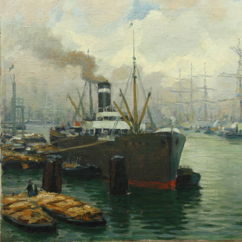 AW657: Rudolf Gonner Late 19th C Oil on Canvas Painting of German Harbor