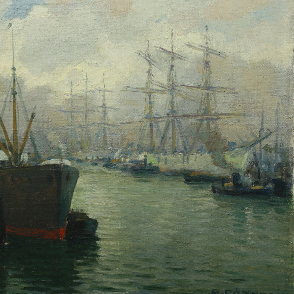 AW657: Rudolf Gonner Late 19th C Oil on Canvas Painting of German Harbor