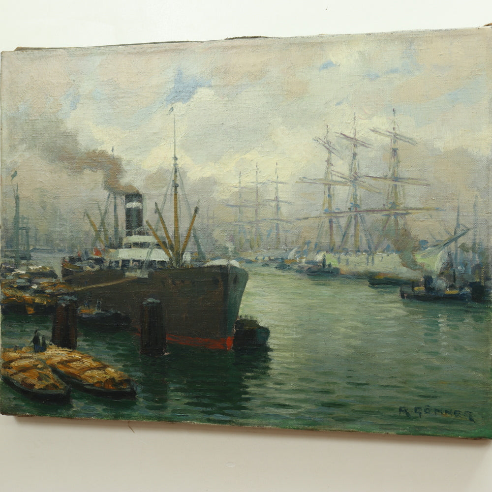 AW657: Rudolf Gonner Late 19th C Oil on Canvas Painting of German Harbor
