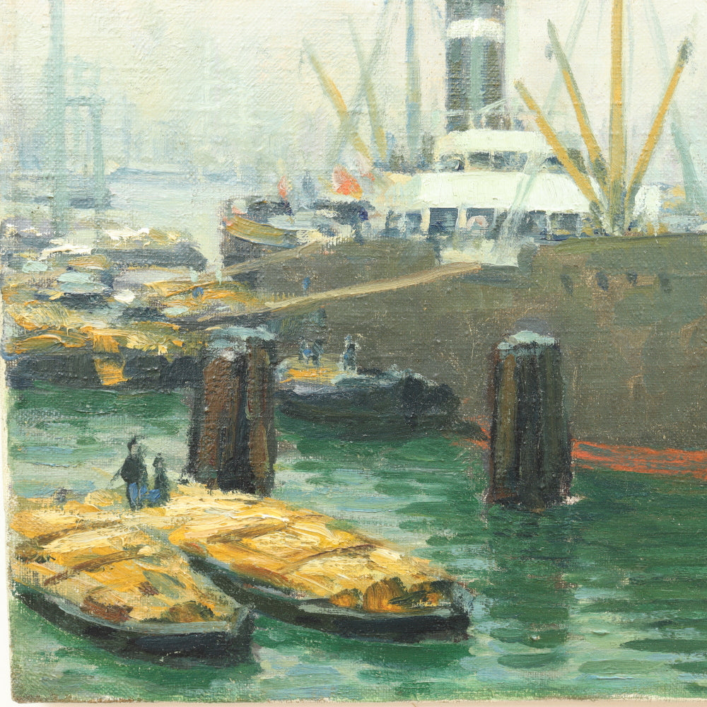 AW657: Rudolf Gonner Late 19th C Oil on Canvas Painting of German Harbor