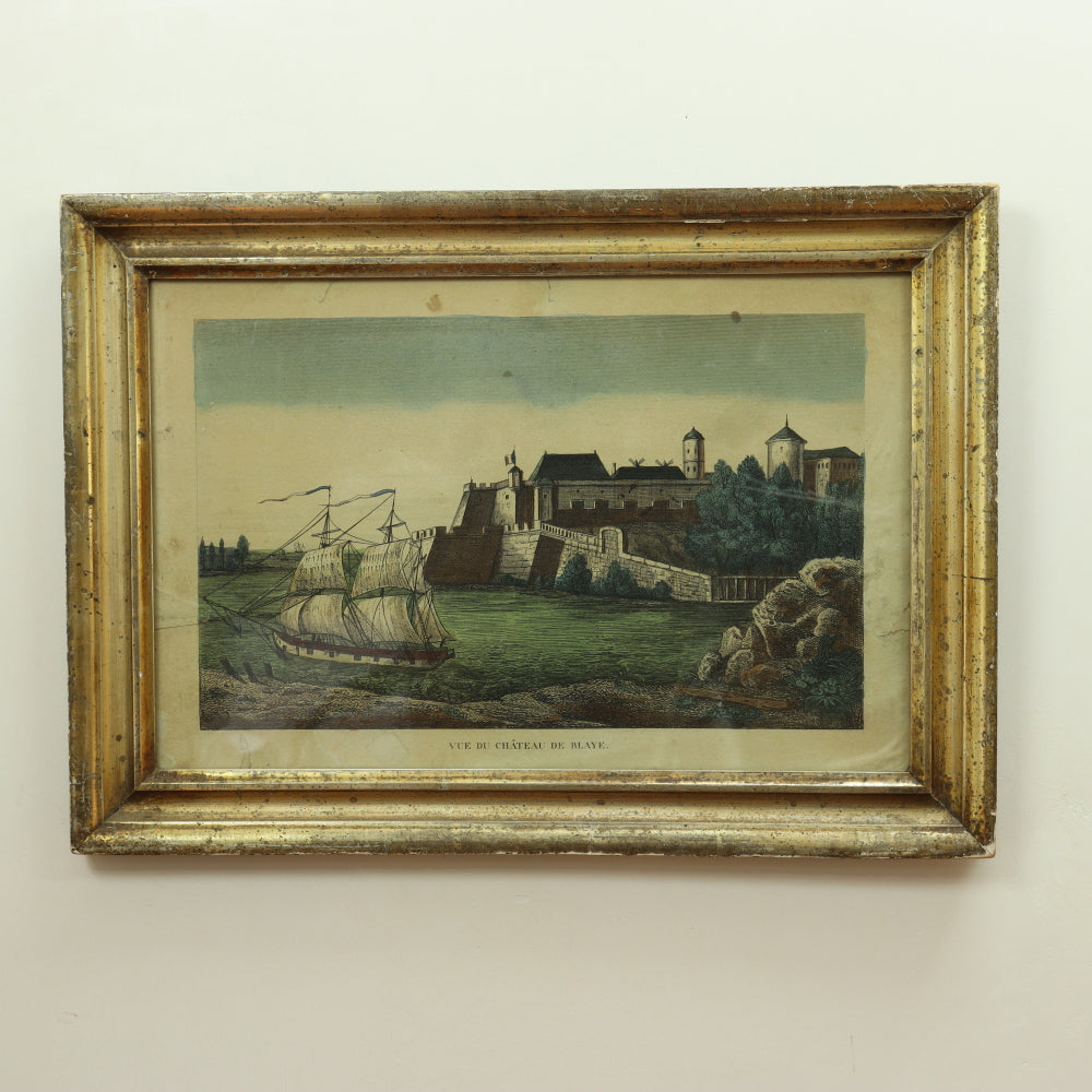 AW7-031: 18TH CENTURY HAND COLORED ENGRAVING - "VUE DE CHATEAU DE BLAYE"