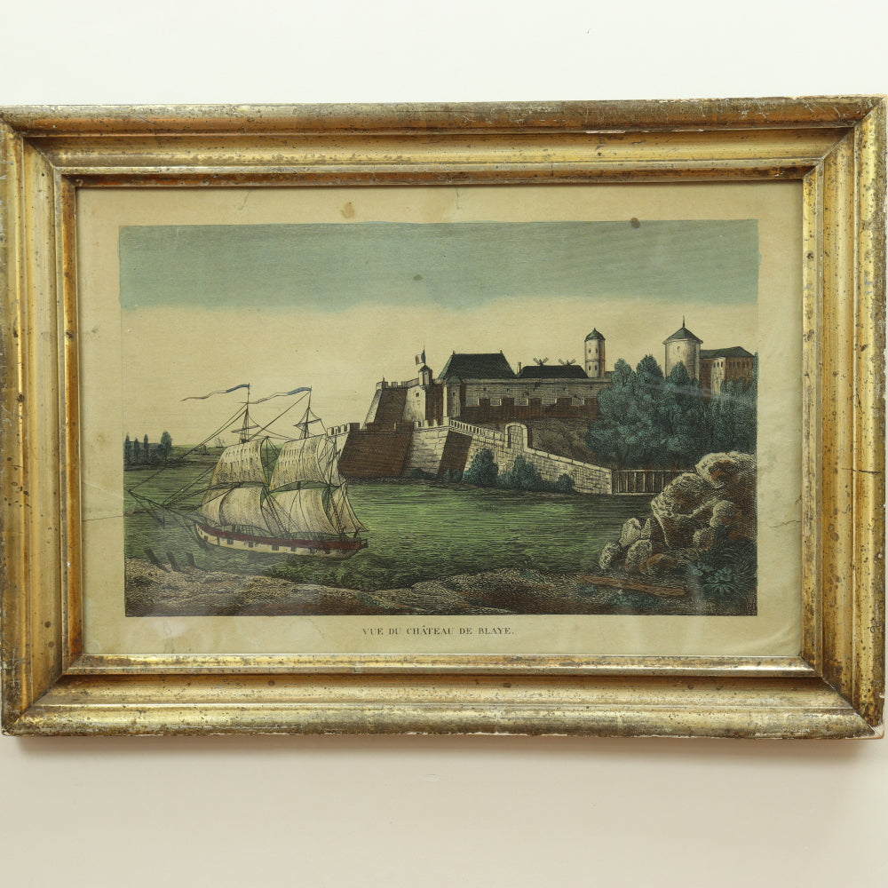 AW7-031: 18TH CENTURY HAND COLORED ENGRAVING - "VUE DE CHATEAU DE BLAYE"