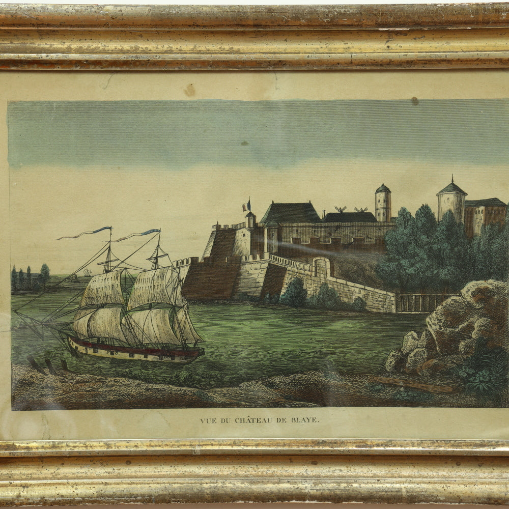 AW7-031: 18TH CENTURY HAND COLORED ENGRAVING - "VUE DE CHATEAU DE BLAYE"