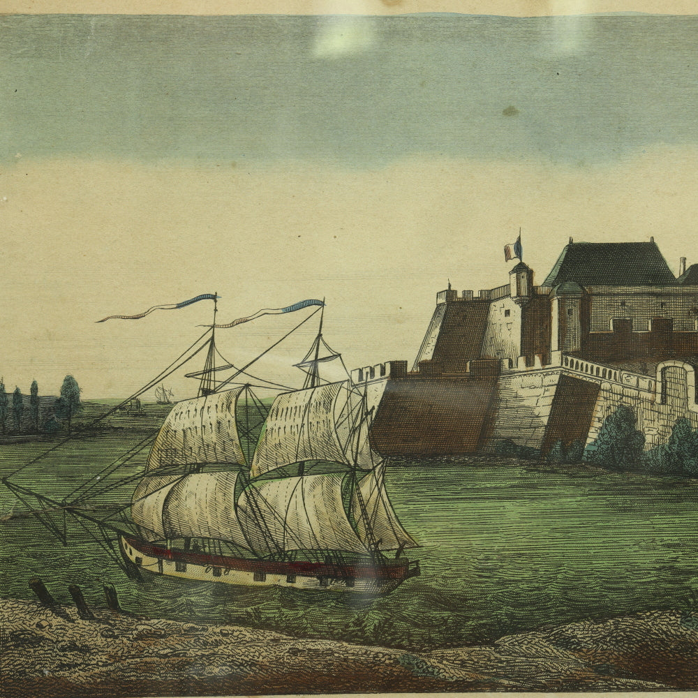 AW7-031: 18TH CENTURY HAND COLORED ENGRAVING - "VUE DE CHATEAU DE BLAYE"