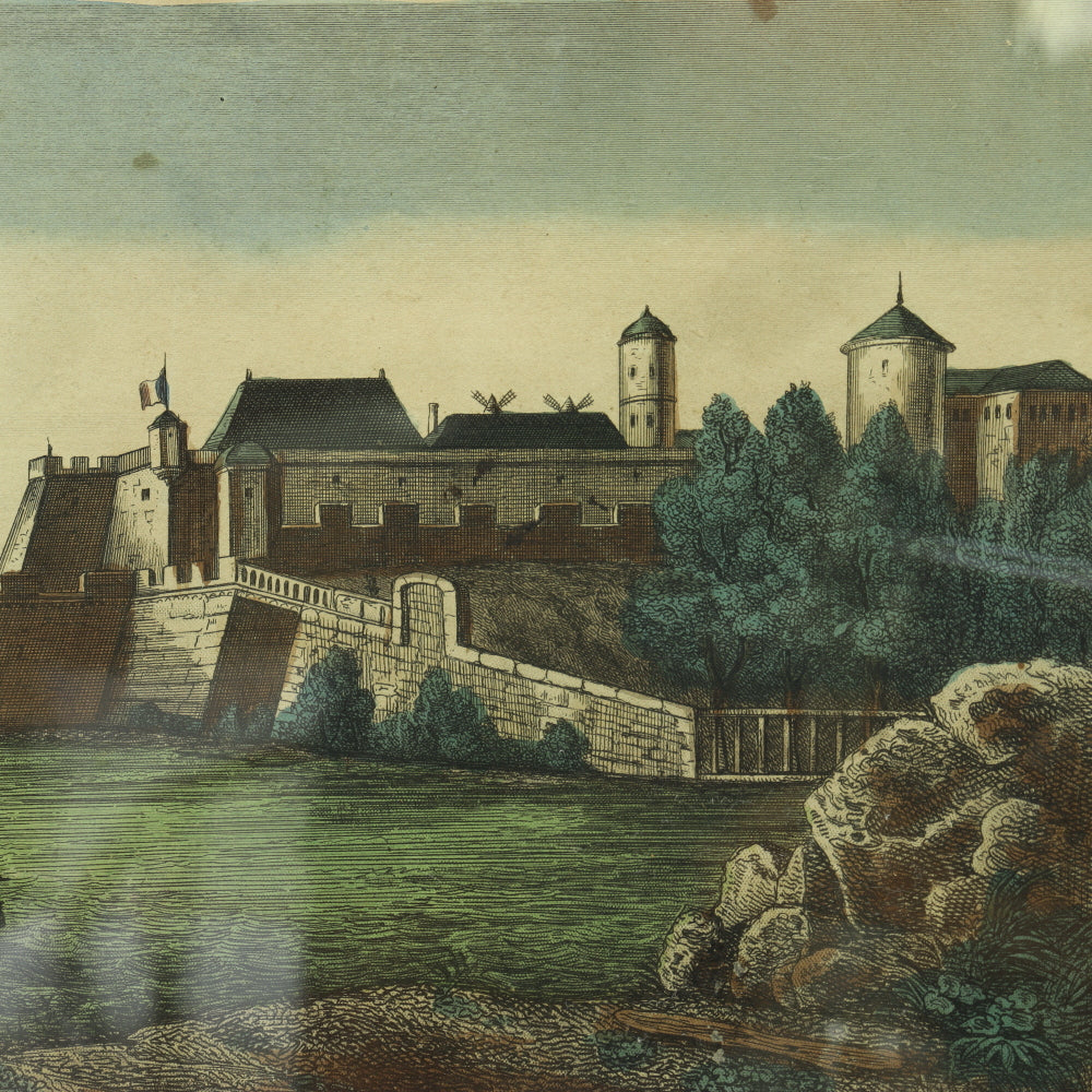 AW7-031: 18TH CENTURY HAND COLORED ENGRAVING - "VUE DE CHATEAU DE BLAYE"